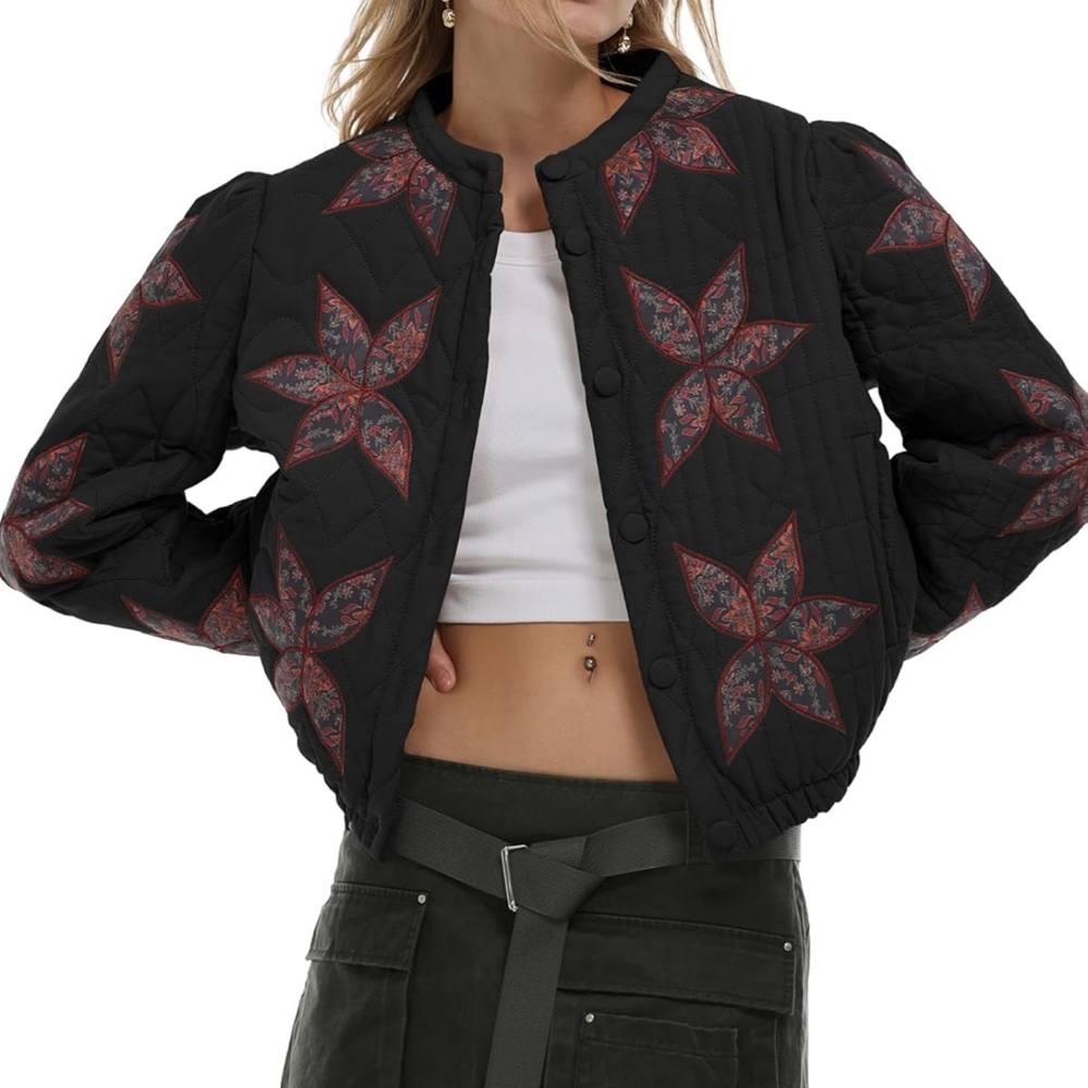 Black Quilted Jacket with Star Pattern
